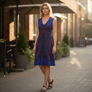 Tracy Reese Knit Dress Paisley V-Neck Fit & Flare Boho Chic Mod Work Holidays